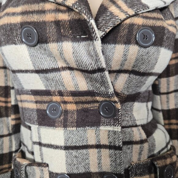 Y2K Fitted Plaid Pea Coat Jacket Size XS Brown Beige Wool Blend Fall Winter - Picture 4 of 14